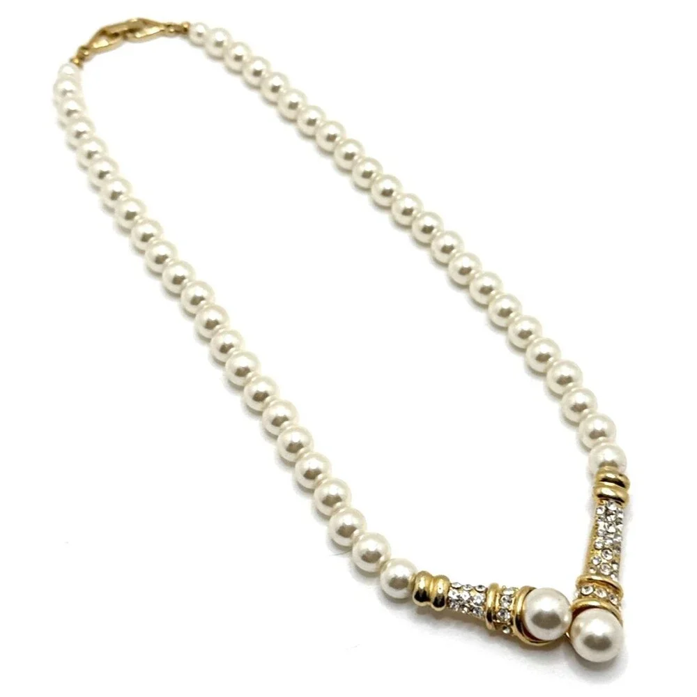 Faux Pearl Rhinestone Choker Necklace Gold Tone Statement 18